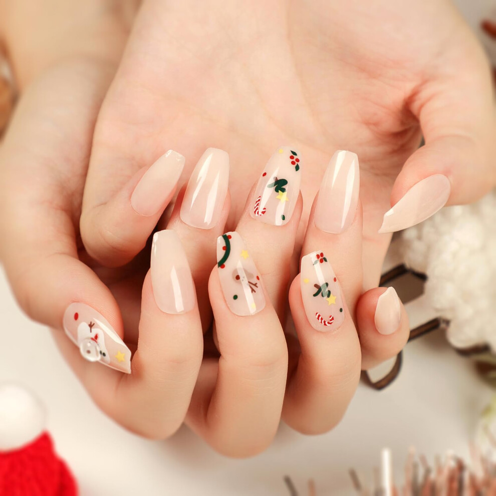 24 Pcs Nude Coffin Press on Nails with Festive Snowman Design, Glossy Acrylic Fake Nail Tips