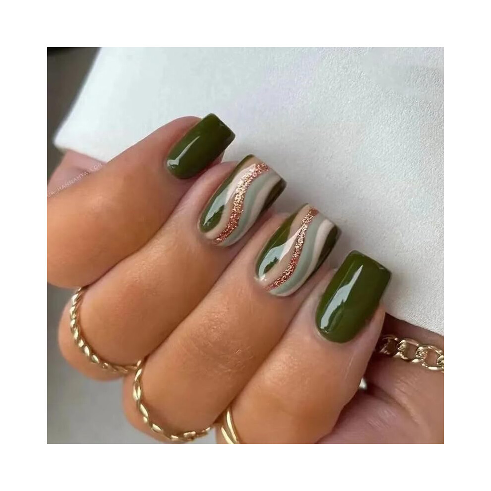 Green Short Square Press On Nails With Glitter Swirl Design, Glossy Reusable False Nails 24Pcs