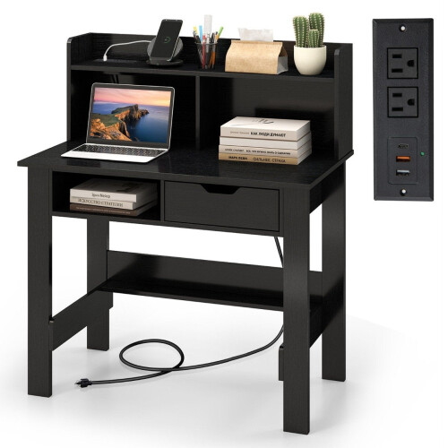 Desk with sockets Small computer desk with attachment 95 x 56 x 109.5 cm Black 1