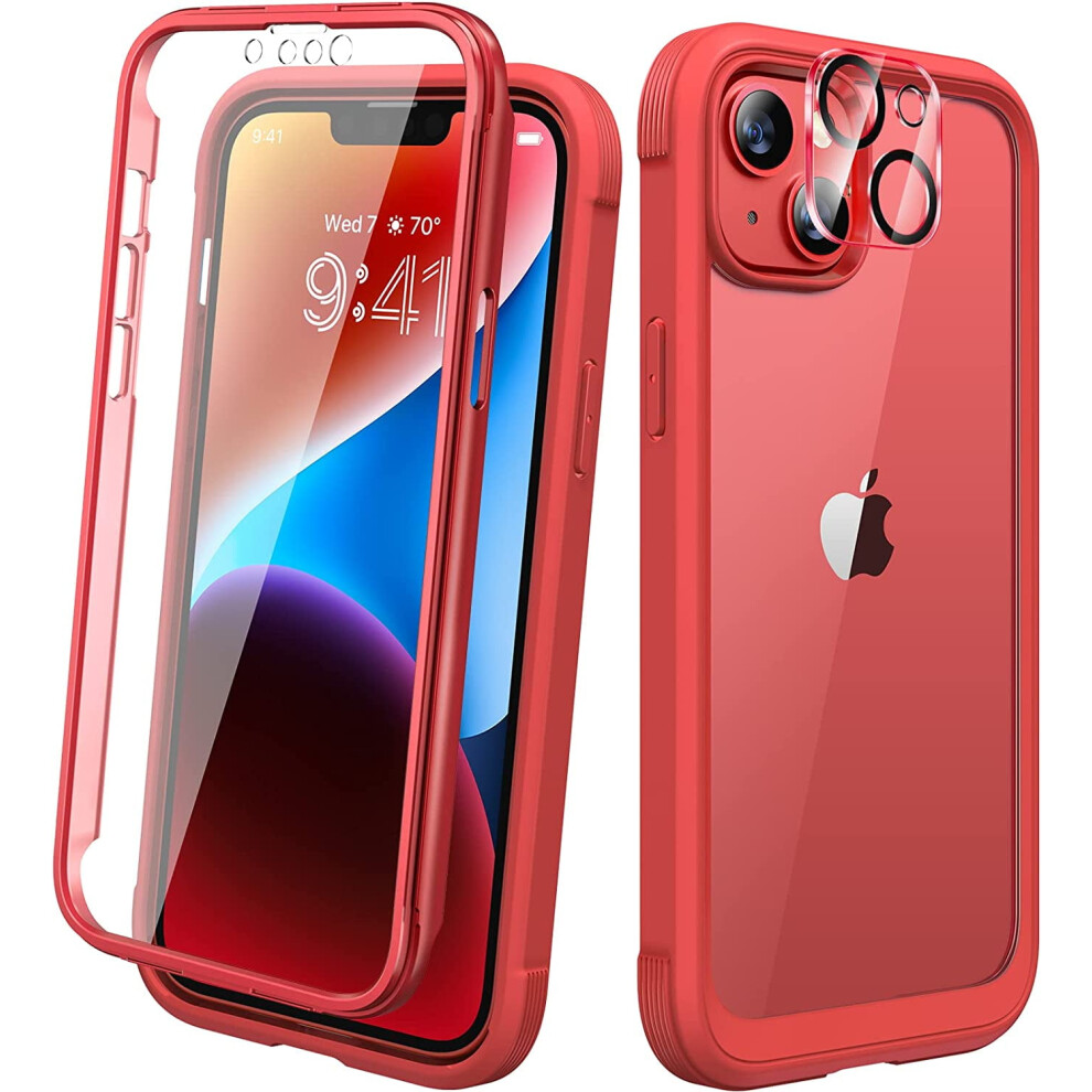 Diaclara Rugged Case Compatible With Iphone 14, Full Body Protection With Built-In Screen & Camera Lens Protector, And Clear, 6.1" Red 9191629161911