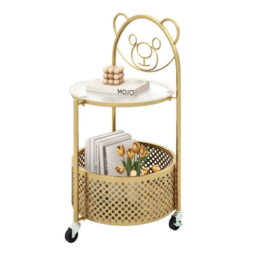 Side table glass with wheels 2-tier glass table round with bear pattern gold 1