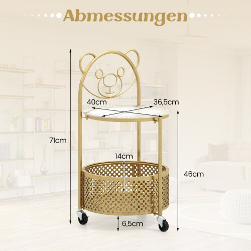 Side table glass with wheels 2-tier glass table round with bear pattern gold 2