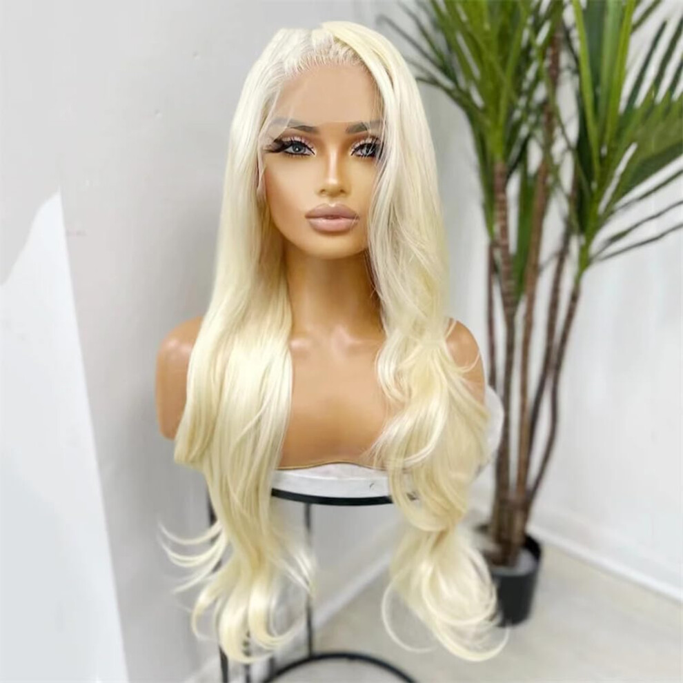 Unisex 613 Blonde 24 Inch Long Wavy Synthetic Lace Front Wig Glueless Pre Plucked Heat Resistant
