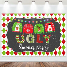Stoffen achtergronddoek van 3 x 2,4 meter met foute kersttrui-print, geschikt voor kerstdecoratie, rood-groen trui-ontwerp voor familiefoto's,