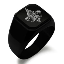 Anillo de sello de acero inoxidable estilo motero, cuadrado plano, pulido, con grabado de flor de lis y diseño caballeresco.
