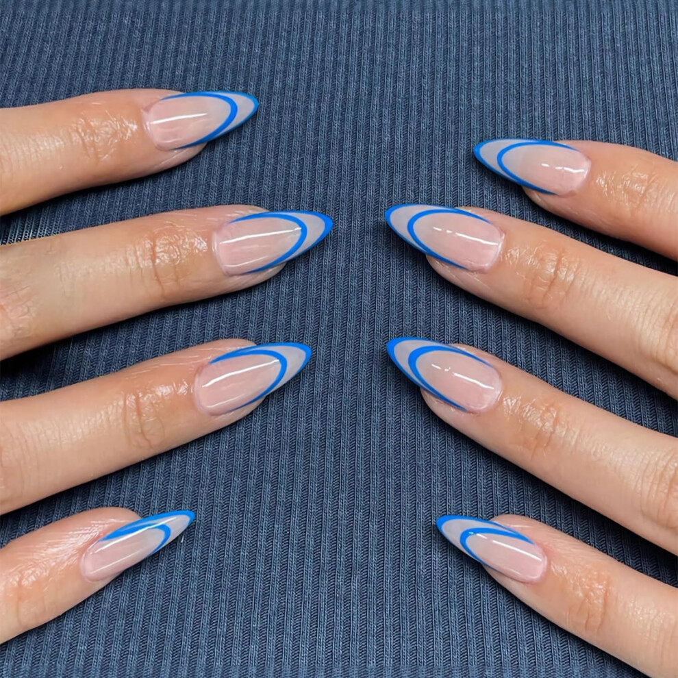 Blue Press On Nails Medium Almond Glossy Acrylic Fake Nails 24Pcs Stiletto Set For Women