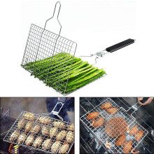 Cestelli per griglia portatili in acciaio inox con manico in legno rimovibile, perfetti per grigliate e barbecue sia in casa che all'aperto.