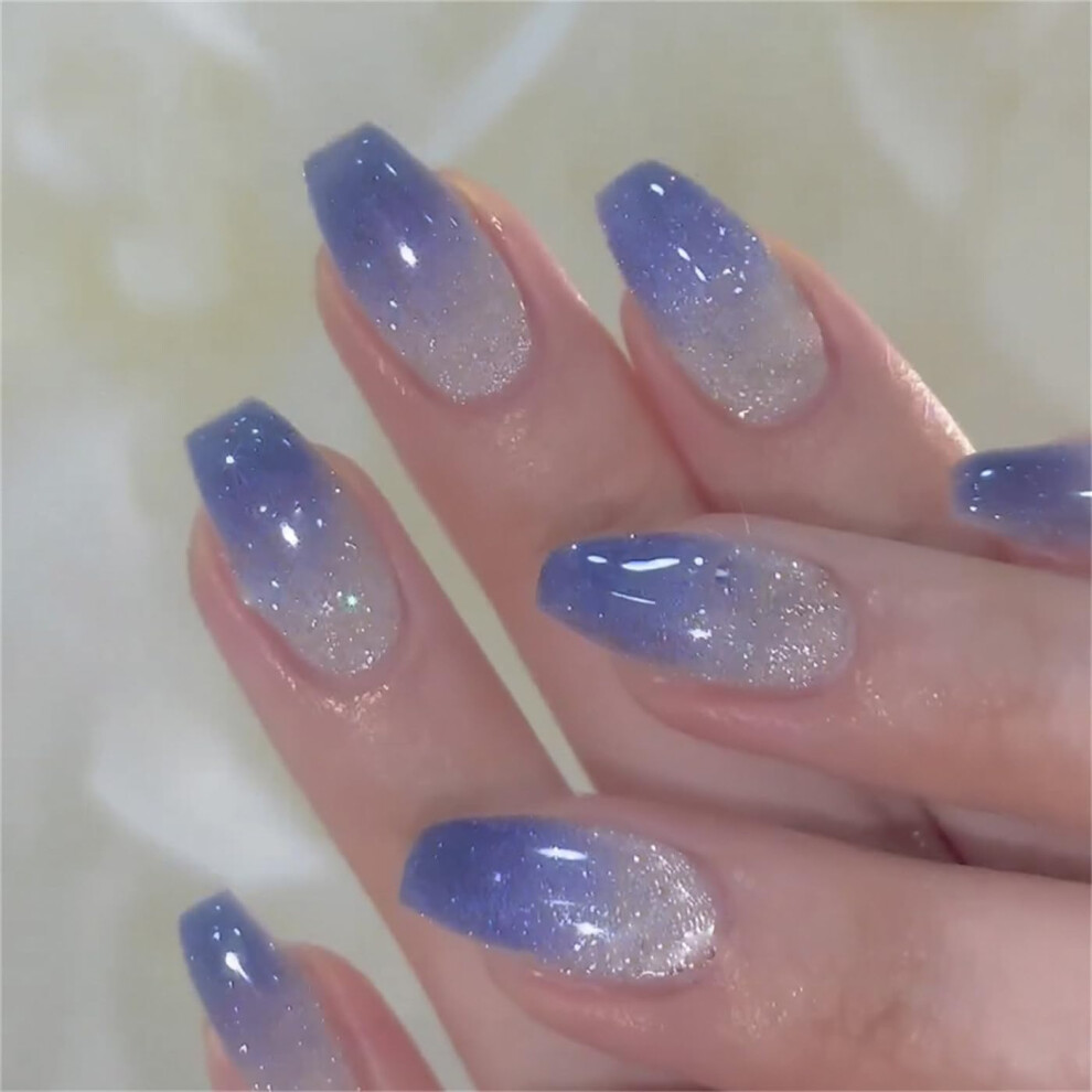 Short Coffin Press on Nails Blue Gradient French Tips Cat Eye Design 24pcs for Women
