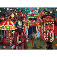 Painel de fundo temático de circo do mal para o Halloween, 2,4 x 1,8 m, compatível com fotografia, palhaços, carnaval assustador, casa assombrada