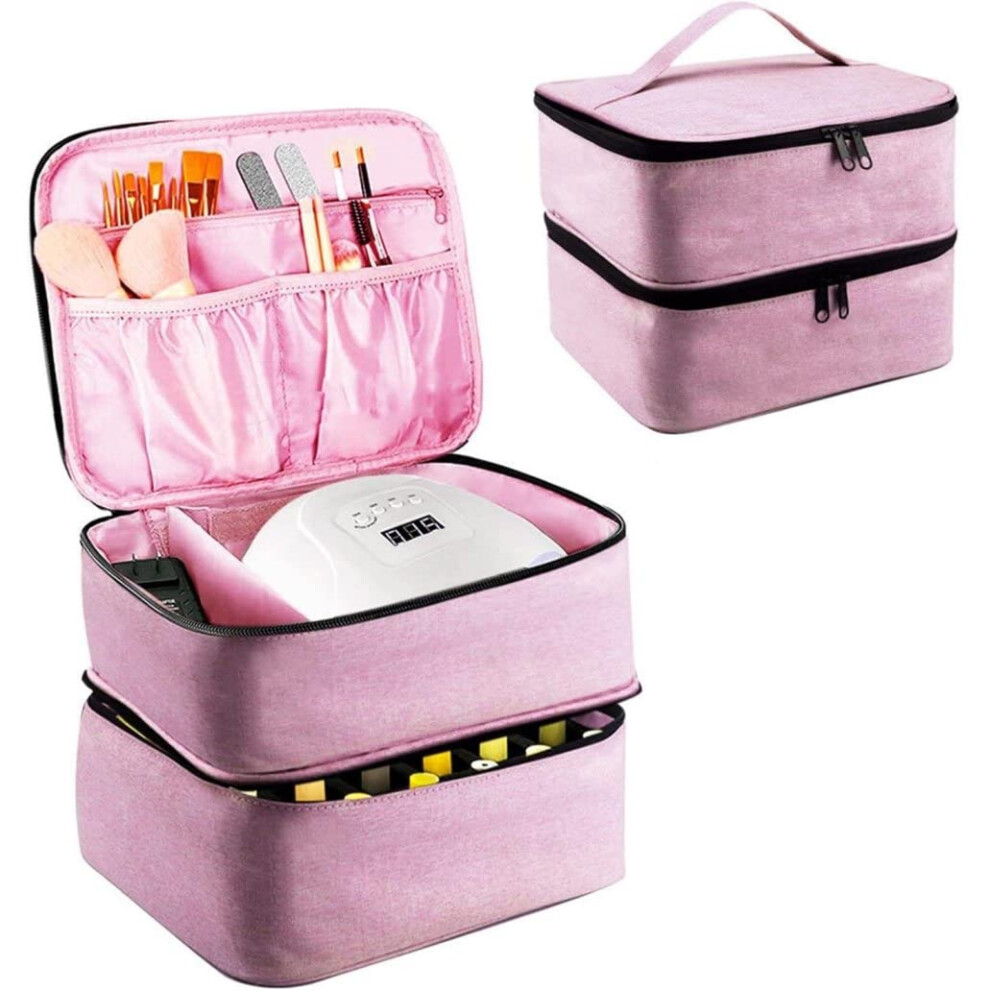 Pink Nail Polish Organizer Dual Layer Storage Case With Handle, Large Capacity Holds 30 Bottles