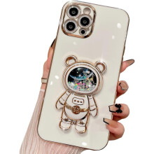 Kompatibel med iPhone12Case, sød astronaut glitter gnistre bling flydende kviksand galvaniseret stødsikkert cover med støtteben (hvid)