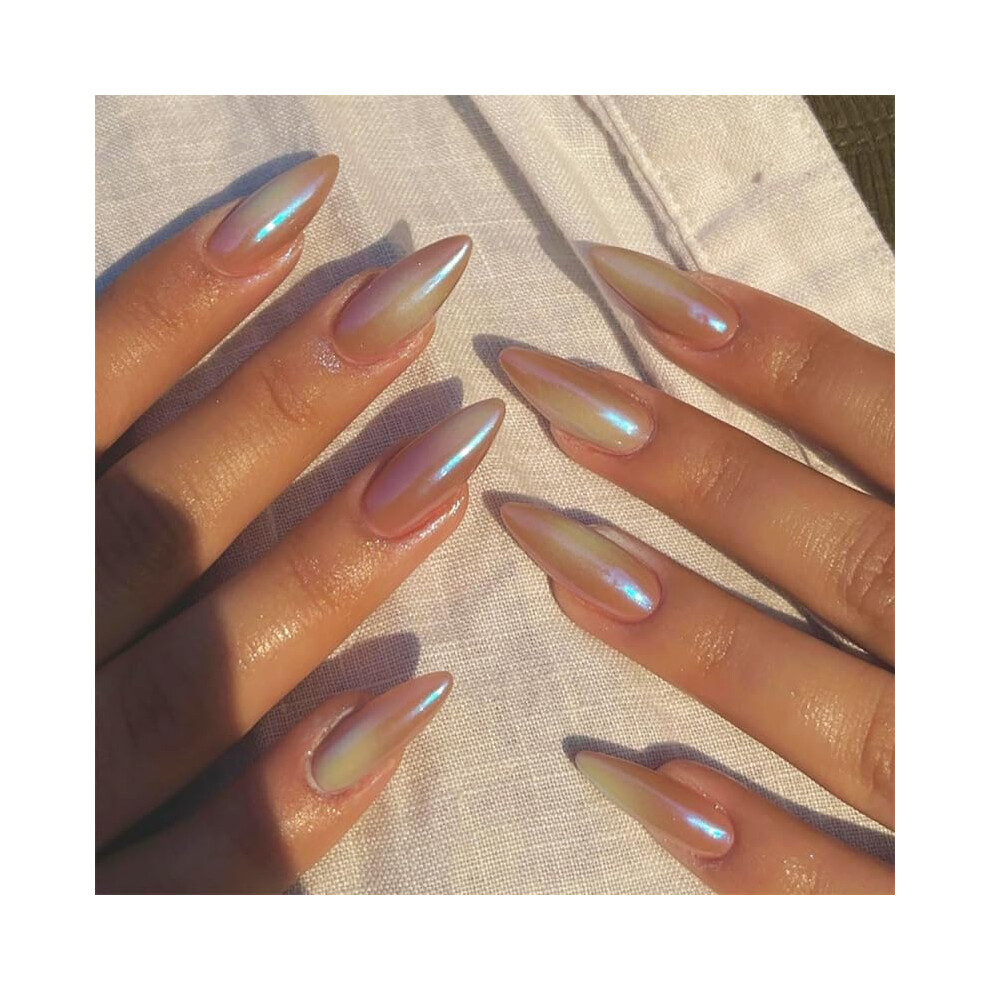 Short Square Press On Nails Set with Shiny Nude Aurora Design, Reusable Fake Nails 24pcs