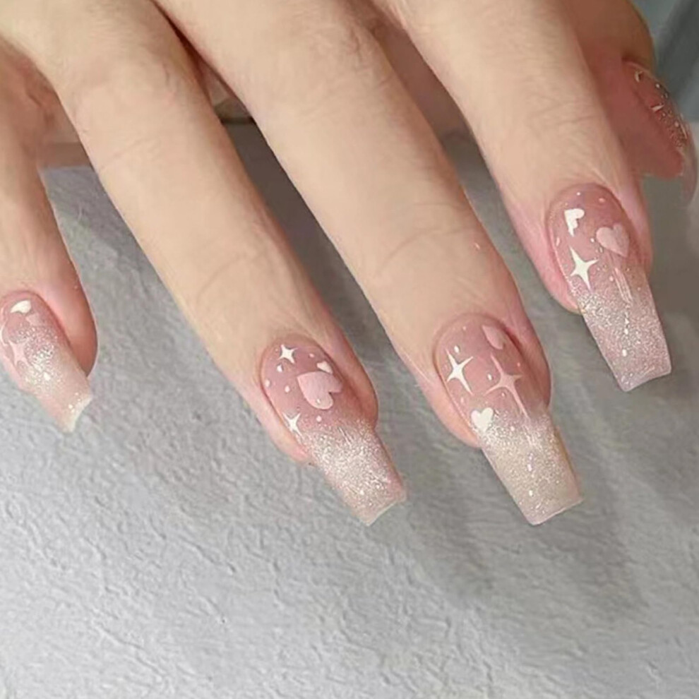 Valentines Press on Nails Coffin Shape with Heart Glitter Pink Nude Acrylic Fake Nails Set 24Pcs