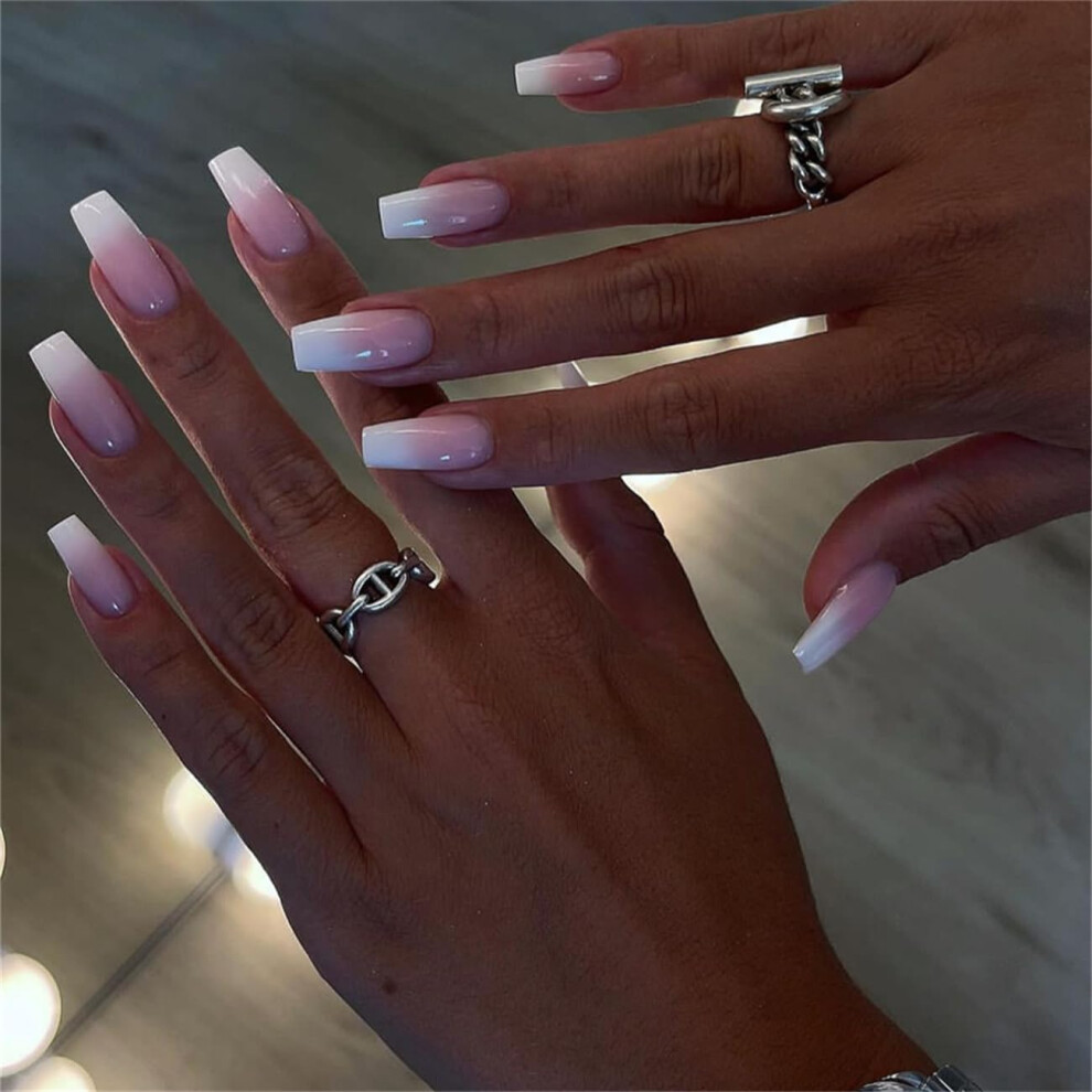 Long Coffin French Tip Press On Nails 24pcs Complete Kit with Glue, SalonQuality Easy Apply