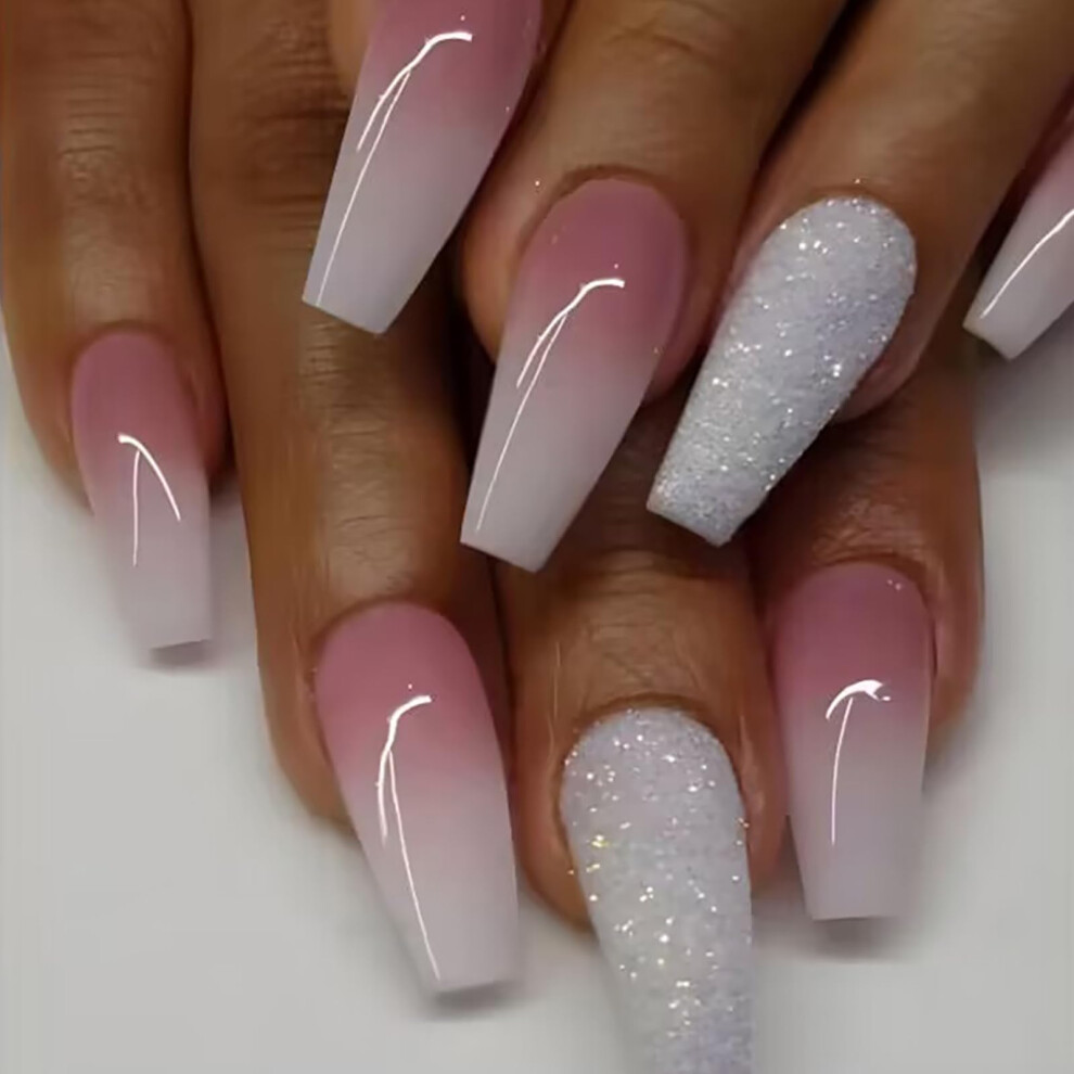 Pink,White Pink Gradient Coffin Press On Nails Medium Acrylic False Nails With White Glitter For Women 24Pcs