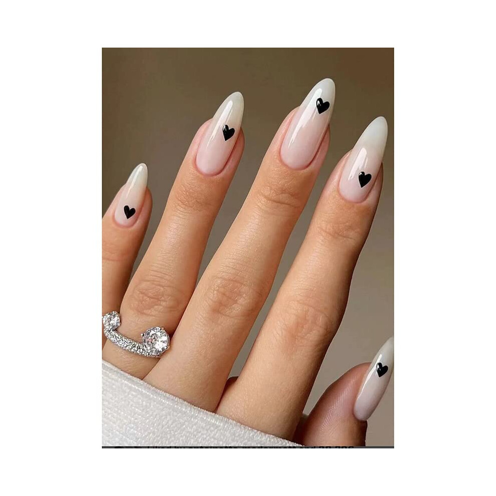 Pink,White Valentine Press On Nails Pink Heart Short French Almond Fake Nails Set White 26Pcs For Women