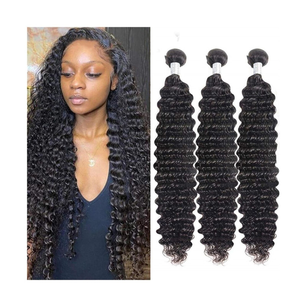 Unisex Black Human Hair Bundles Deep Wave 18 Inch Remy Extensions Natural Tangle Longlasting Waves