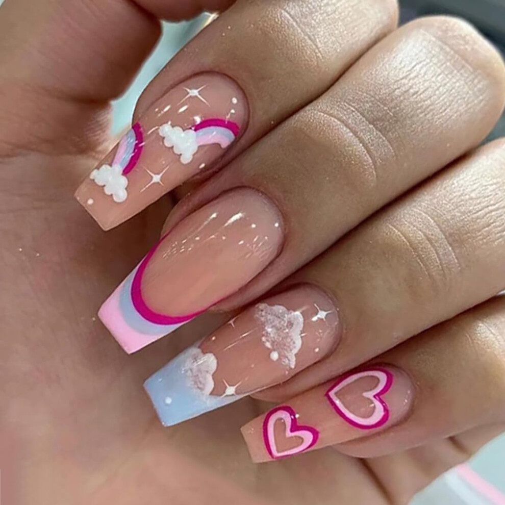 Gold Long Coffin Press On Nails With Glue Marble Foil Fake Nails Set 24Pcs Reusable Acrylic Kit