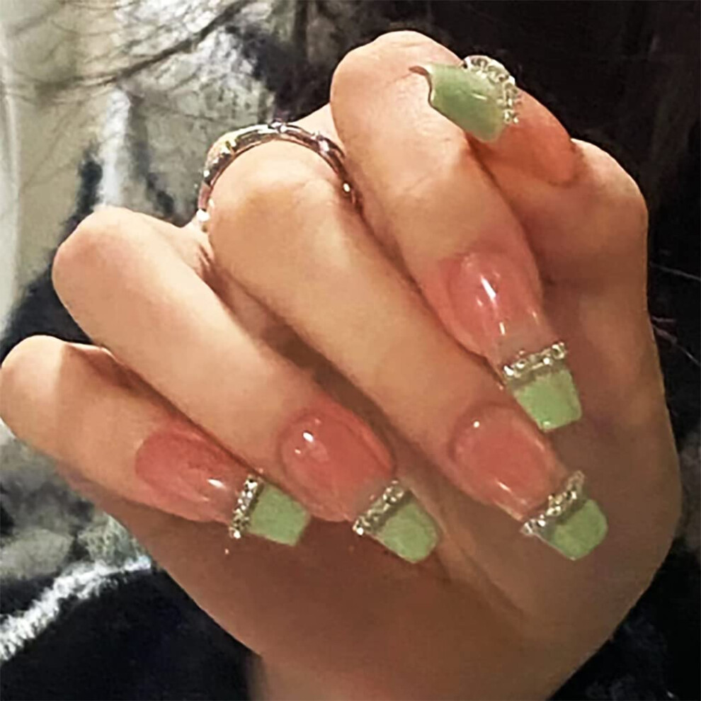 Pink Long Coffin Press On Nails Set French Ballerina Acrylic Fake Nails, Reusable 24Pcs