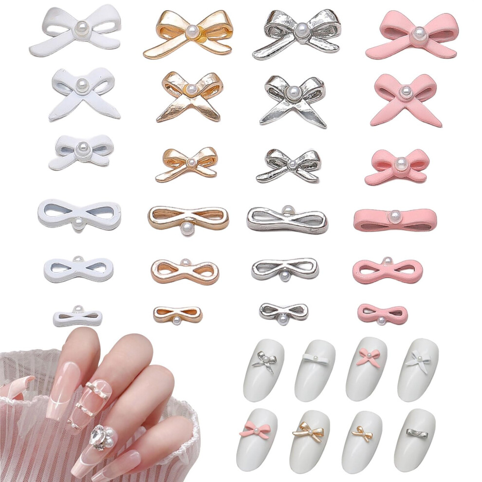 24 Pcs Bow Nail Charms 3D Alloy Pearl Bow Tie Decorations for Acrylic Nails DIY Nail Art