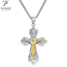 Kreuzanhänger aus Edelstahl 316L mit gelbgoldener Jesus-Figur und 61 cm langer Kette