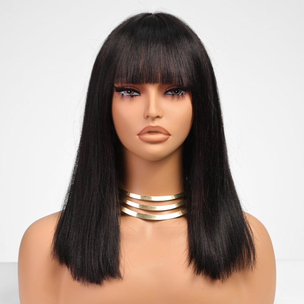 Unisex Black 14 Inch Human Hair Bob Wig With Bangs, Glueless Hd Lace, Yaki Straight Wig For Women
