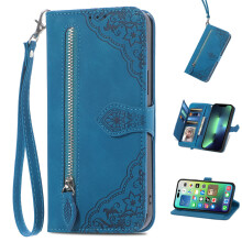 Compatibel met iPhone 11. Portemonneehoesje voor dames en heren, duurzaam, reliëf PU-leer, magnetische flip-rits kaarthouder met polsbandje, blauw.