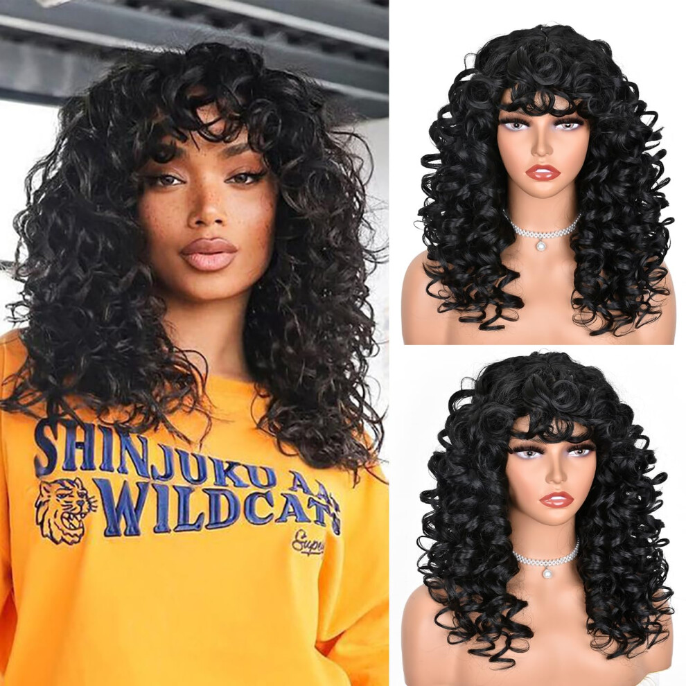 Unisex Black Long Curly Wig With Bangs For Women, Big Bouncy Afro Style, Fluffy Volume, Synthetic Hair