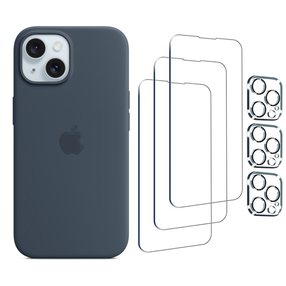 Compatible With Iphone 15 Silicone Phone Case With Magsafe 6.1"In (Storm ) And Protective Film*3 And Lens Protective Film*3 Blue 9191629514373