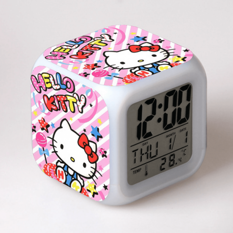 Hanntaoo Hello Kitty Digital Alarm Clock For Kids, 7 Color Led Wake Up With Thermometer & Night Gift For Boys Girls Light