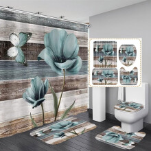 4-delige douchegordijnset met bloemenprint, inclusief antislipmatjes, toiletbrilhoes en badmat, kleurrijk bloemendesign, 12 haken inbegrepen.