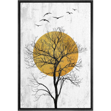 Arte em tela com sol amarelo vibrante, árvore da floresta negra e pássaros - 61 x 91 cm (24" x 36"), multicolorida, para sala de estar, quarto e