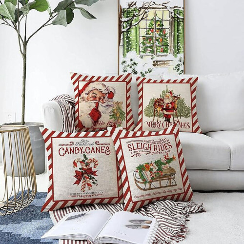 Capas de Almofada Decorativas de Natal com Bengalas Doces, Alces e Trenó do Papai Noel - 45x45cm (18x18 polegadas), Conjunto com 4 Unidades 2