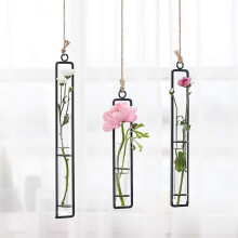 Wall Hanging Flower Vase with Wrought Iron Frame and Clear Glass Test Tube Planter for Home Decor
