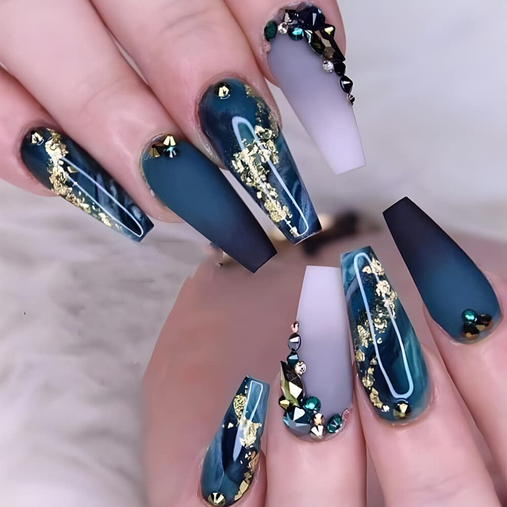 Blue Medium Coffin Press On Nails Set Marble With Rhinestones Reusable Full Coverage Nail Tips