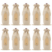 Burlap Wine Bags Bags with Drawstrings, Single Reusable Wine Bottle Covers with Ropes and Tags (10 Pcs)
