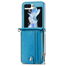 Compatibil cu Samsung Galaxy Z Flip5 - Husă portofel din piele PU în stil retro, cu suport pentru carduri și curea de gât, bleumarin