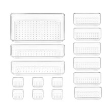 Ensemble de 15 organisateurs de tiroirs en plastique transparent, 4 tailles, plateaux et bacs de rangement polyvalents pour salle de bain et coiffeuse