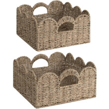 Scalloped Edge Wicker Baskets Set of 2 - Handwoven Rattan Storage Baskets with Handles for Nursery, Décor & Shelves, Natural Water Hyacinth Design