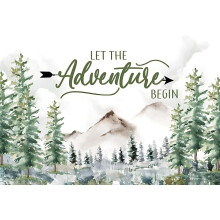 Toile de fond pour baby shower 2,1 x 1,5 m : L'aventure vous attend ! Paysage de montagne, nature sauvage et animaux des bois.