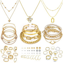 Conjunto de joias folheadas a ouro a preço acessível - 5 colares, 14 pulseiras, 20 pares de brincos, 20 anéis de falange