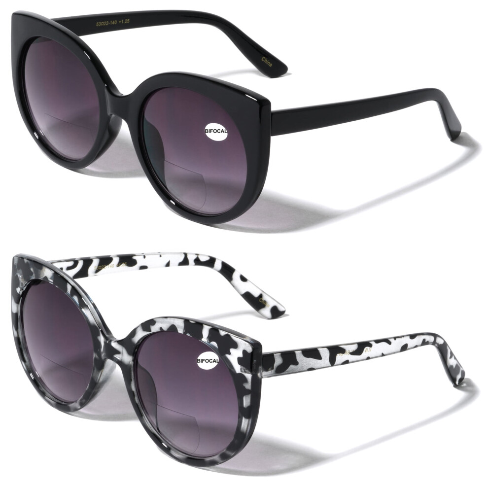 V.W.E. 2 Pairs Women Bifocal Reading Sunglasses Reader Glasses Round Cateye Vintage - Large Gradient Lens +3.00