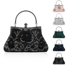 Sac à main femme brodé de perles et de sequins, bandoulière, pochette de soirée, trousse de maquillage - Noir