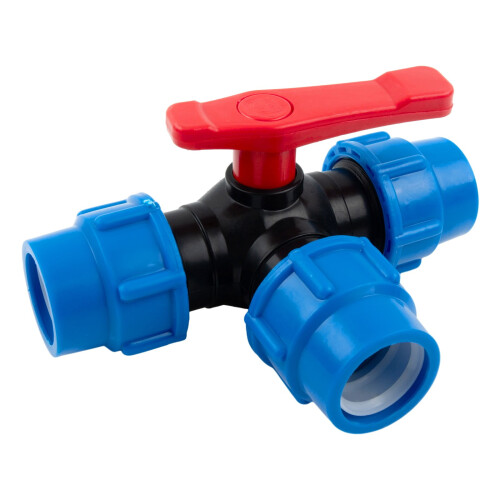 Σφαιρική βαλβίδα PE Pipe3-Way, 20/25/32/40/50mm, πλαστική κατασκευή, ευέλικτος έλεγχος ροής, 1