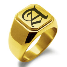 Roestvrijstalen ring met de letter A, initiaal in Oud-Engels monogram, gegraveerd, vierkant, platte bovenkant, bikerstijl, gepolijst.