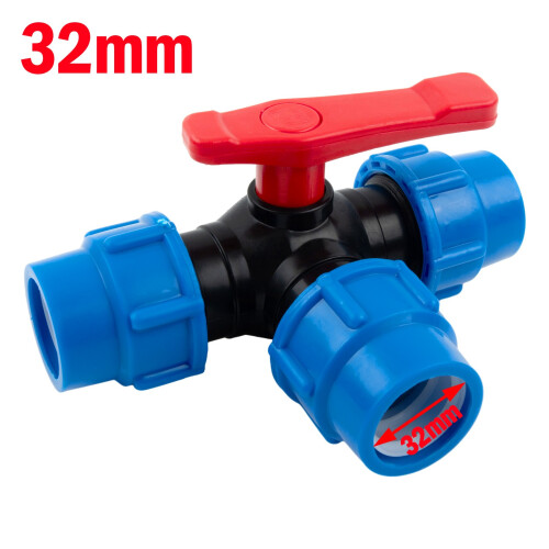 Σφαιρική βαλβίδα PE Pipe3-Way, 20/25/32/40/50mm, πλαστική κατασκευή, ευέλικτος έλεγχος ροής, 2