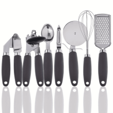 Conjunto de 7 peças de utensílios de cozinha em aço inoxidável CKLXNGT - Abridor de latas, cortador de pizza, batedor de ovos, descascador -