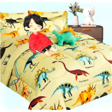 Ensemble de literie 6 pièces pour lit simple, motif dinosaure taupe, comprenant une couette, une peluche et un drap assorti, idéal pour décorer la