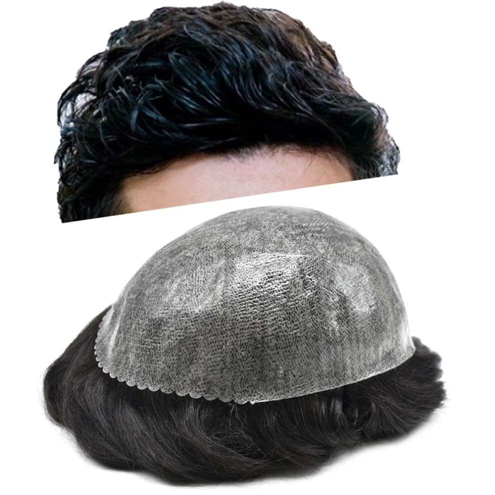 Unisex Black Men's Hair Replacement System Jet Human Hair Toupee 8X10 Inch Thin Skin Poly Natural Hairline