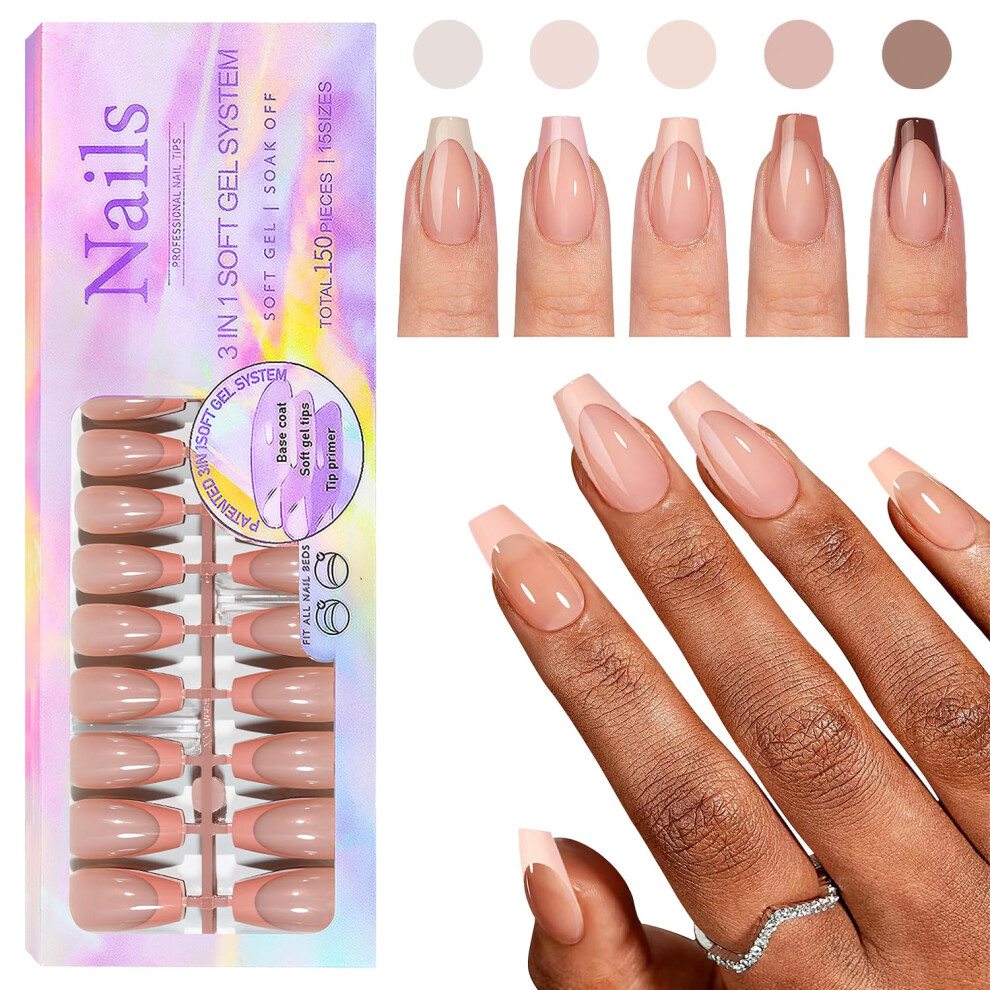 Brown Press On Coffin Gel Nail Tips With Preapplied Primer Base, 150Pcs French Manicure Set